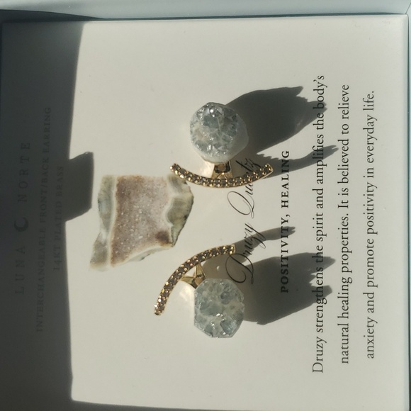 ***NEW***Luna Norte 14kt plated brass Druzy Quartz earrings - Picture 2 of 5